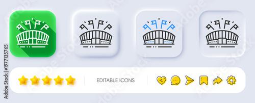 Sports arena line icon. Neumorphic, Flat shadow, 3d buttons. Stadium with flags sign. Sport complex symbol. Line sports arena icon. Social media icons. Vector