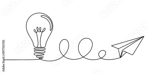 Continuous single line drawing of a light bulb transforming into a flying paper airplane symbol