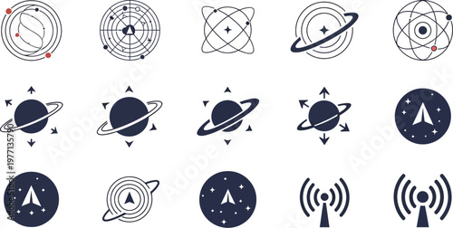 Orbital navigation symbols and communication signals showcase technological connectivity and planetary tracking in a series of clean vector illustrations.