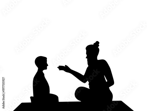 Silhouette of a teacher or mentor talking to a student isolated on white background.