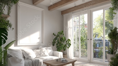 Bright living room interior features a large empty picture frame above a white sofa near a glass balcony door with lush outdoor greenery.