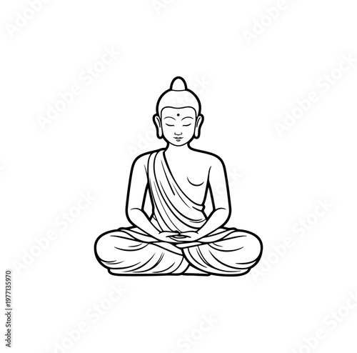 Buddha silhouette in meditation posture minimalist black and white line art vector illustration.