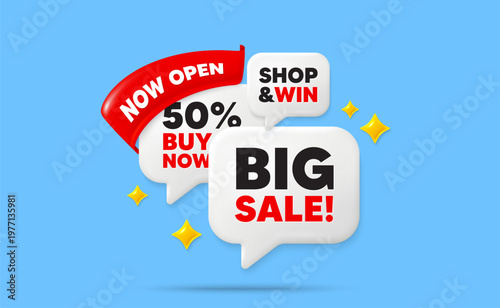 Big sale speech bubbles. Now open flag ribbon. Big Sale tag. Special offer price sign. Advertising Discounts symbol. Discount chat bubbles with 3d sparkles. Vector