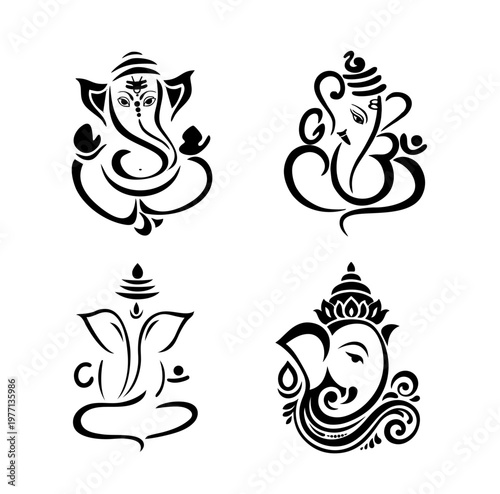 Collection of Lord Ganesha silhouettes and Aum symbols for Hindu wedding and festival designs.