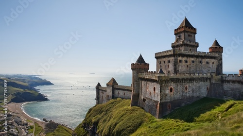 Fortified medieval European castle with stone turrets and high walls perched on a grassy cliff overlooking a rugged coastline with a village and vast ocean.