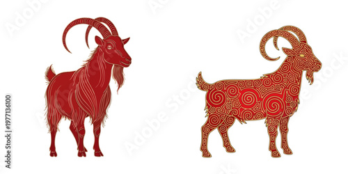 Two illustrated red goats representing the chinese zodiac sign on a clean white background setting