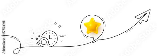 Cleaning dishes with Time line icon. Continuous line with share plane. Dishwasher sign. Clean tableware sign. 3d star in speech bubble. Dishwasher timer single line ribbon. Loop curve pattern. Vector