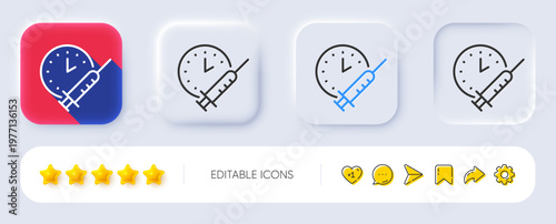 Vaccination schedule line icon. Neumorphic, Flat shadow, 3d buttons. Vaccine syringe sign. Second injection time symbol. Line vaccination schedule icon. Social media icons. Vector