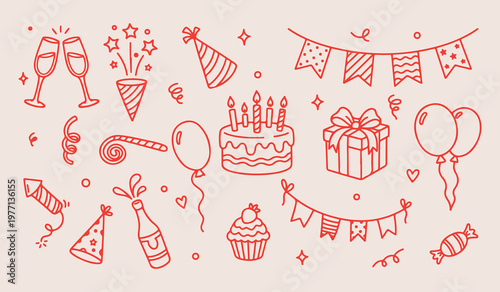Birthday Celebration Party Doodles, Cake and Balloons Illustration, Gift Box and Confetti Sketch, Festive Event Graphics, Happy Anniversary Clip Art, Party Popper and Bunting Art, Joyful Occasion Line