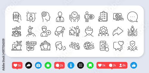 Strategy, Cogwheel and Teamwork results line icons pack. Social media: share, comment, like icons. Augmented reality, Safe time, Team work web icon. Vector