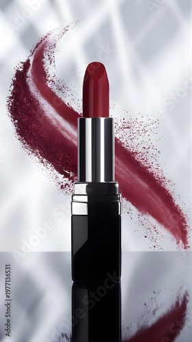 Luxury red lipstick with powder splash on a clean background, beauty makeup product concept.