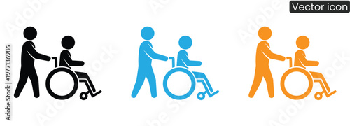 Vector icon of people helping disabled person in wheelchair on white background