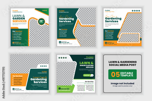 Lawn Care and Gardening Social Media Post Template - 5 Square Layouts EPS