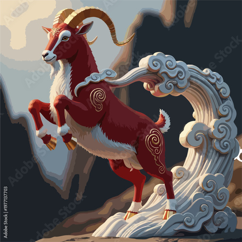 Dynamic red ram with golden horns stands majestically amidst swirling auspicious clouds, embodying strength and tradition.