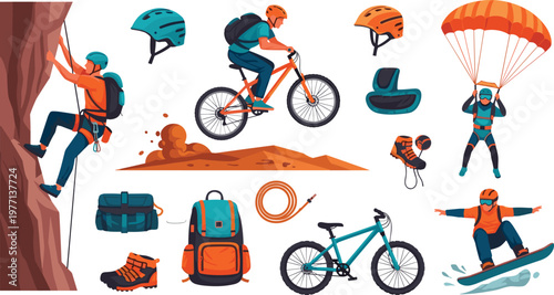 Extreme sports and outdoor adventure vector set with climbing cycling snowboarding parachuting gear and action activities isolated on white background