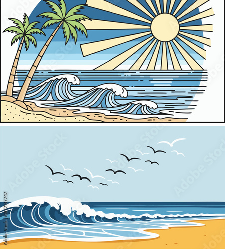 Stylized illustrations of tropical coastal scenery featuring ocean waves and sunlit sandy shores for summer designs