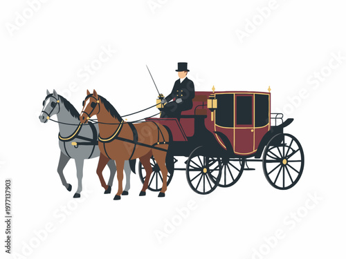 Horse-drawn carriage with coachman and two horses vector