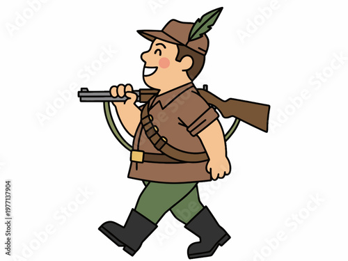 Hunter carrying rifle on shoulder cartoon illustration