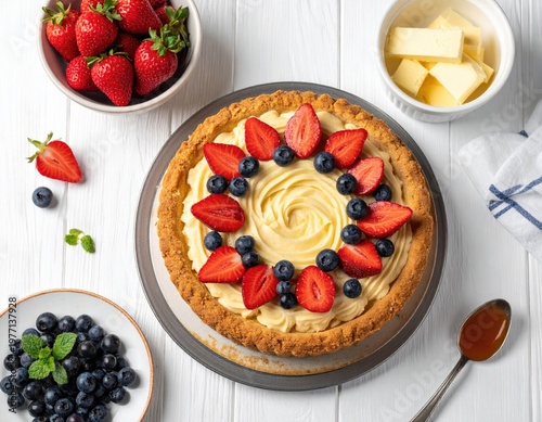 Tart with berries and ingredients on a white table