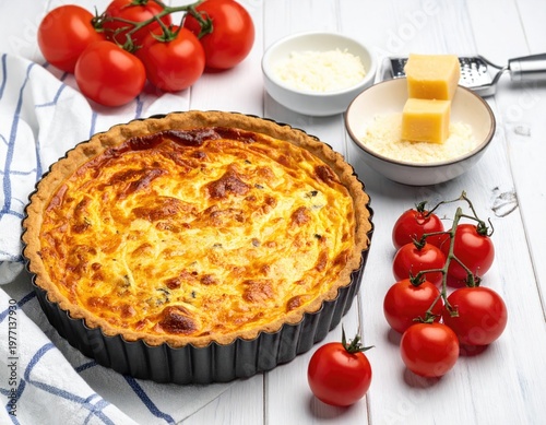 A savory quiche with tomatoes and cheese