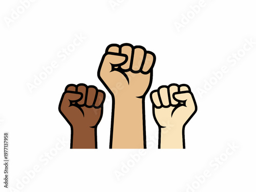 Raised clenched fists with different skin tones for solidarity icon