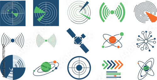 Radar screens and satellite technology icons are presented as a technical collection of communication and navigation symbols.