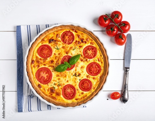 Savory quiche with tomatoes, basil, and a knife