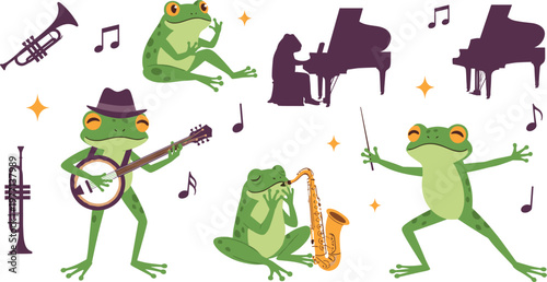 Frog musician vector set with piano trumpet banjo saxophone and conductor cartoon characters playing musical instruments isolated on white background
