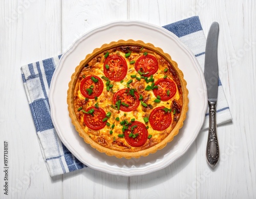 Quiche with tomatoes on a plate, napkin, and knife