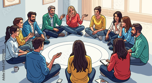 Diverse people, sitting in circle, discussion, teamwork, collaboration, meeting, communication, business, casual, flat vector illustration