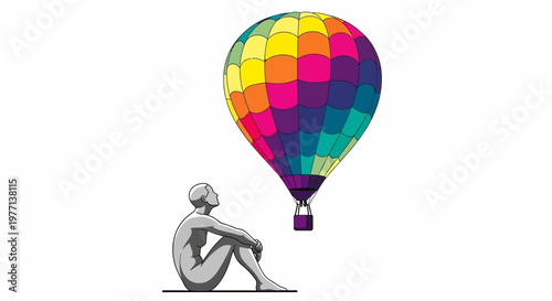 Colorful hot air balloon, person sitting, vector illustration, vibrant multicolor design, travel concept