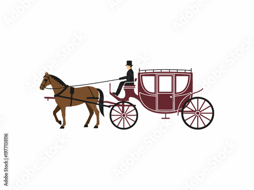 Victorian Horse Drawn Carriage with Driver Isolated on White