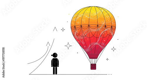 Hot air balloon, colorful illustration, gradient red yellow, adventure travel symbol, vector icon
