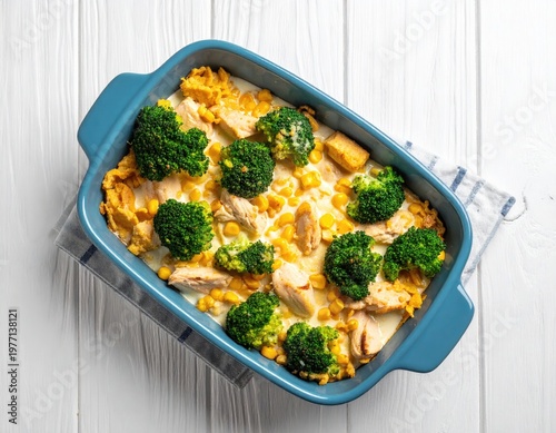 Baked casserole of chicken, broccoli, and corn