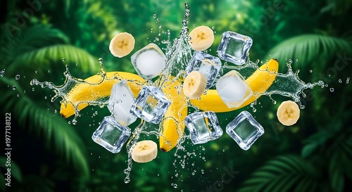 Buah pisang segar dan es batu berjatuhan dengan percikan air di depan latar belakang daun tropis