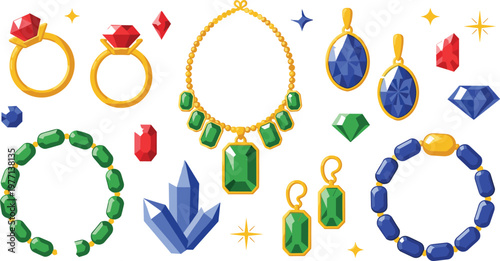 Gemstone jewelry vector set with rings necklace earrings and bracelets colorful crystal accessories illustration isolated on white background