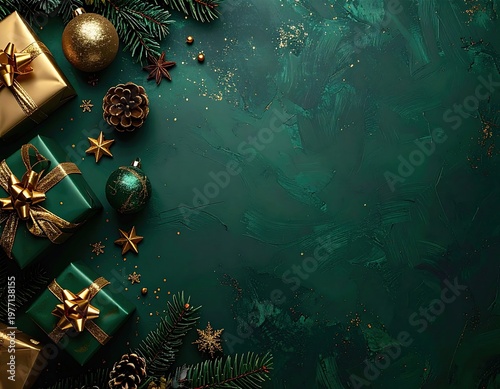 Festive presents & ornaments on emerald green