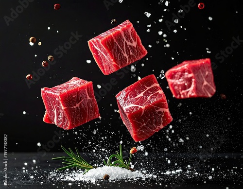 Cubed raw red meat with spices and salt in mid-air