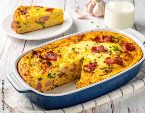 Baked quiche with bacon, herbs, and side slice