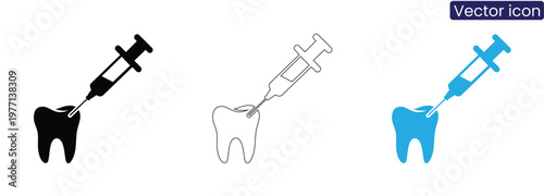 Dental syringe injecting tooth on white background vector icon set