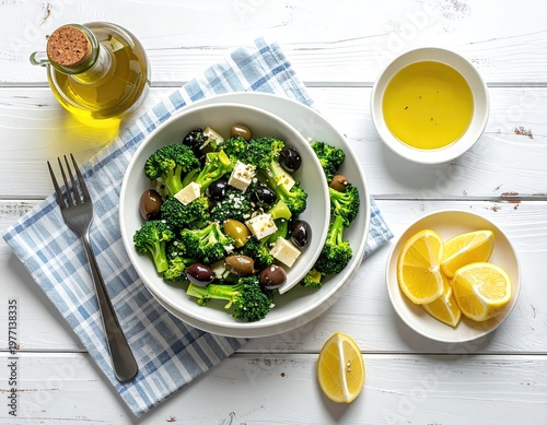 Broccoli salad with olives, feta, lemon, and oil