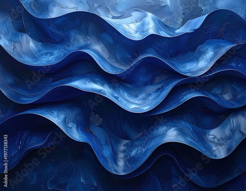 Abstract blue wavy layers with hints of gold