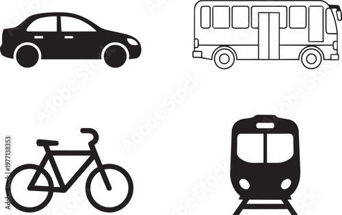 Black car, bicycle, and parking meter on white background, flat style flat white background