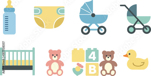 Baby items such as a nursing bottle, diaper, stroller, crib, teddy bear, and rubber duck are arranged as a collection of colorful infant-themed icons.