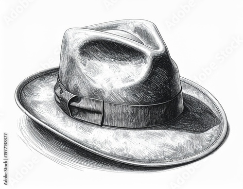 Classic fedora hat, detailed monochrome illustration