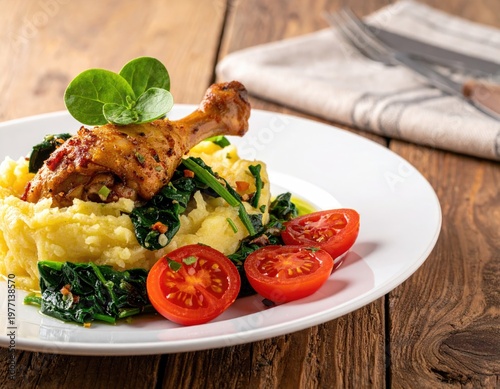 Roasted chicken drumstick with greens and mashed potatoes