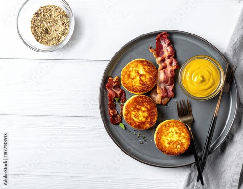 Golden muffins, bacon, mustard, spices, and a fork set