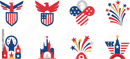 American symbols including eagles, shields, fireworks, and patriotic monuments are displayed as a collection of graphic icons for national celebrations.