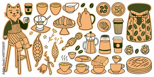 Colorful illustration of coffee themed items and a cat barista character