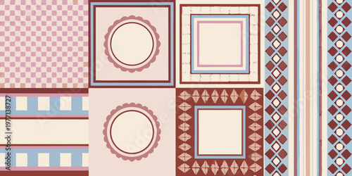 A repeating pattern of frames and geometric shapes in pastel tones